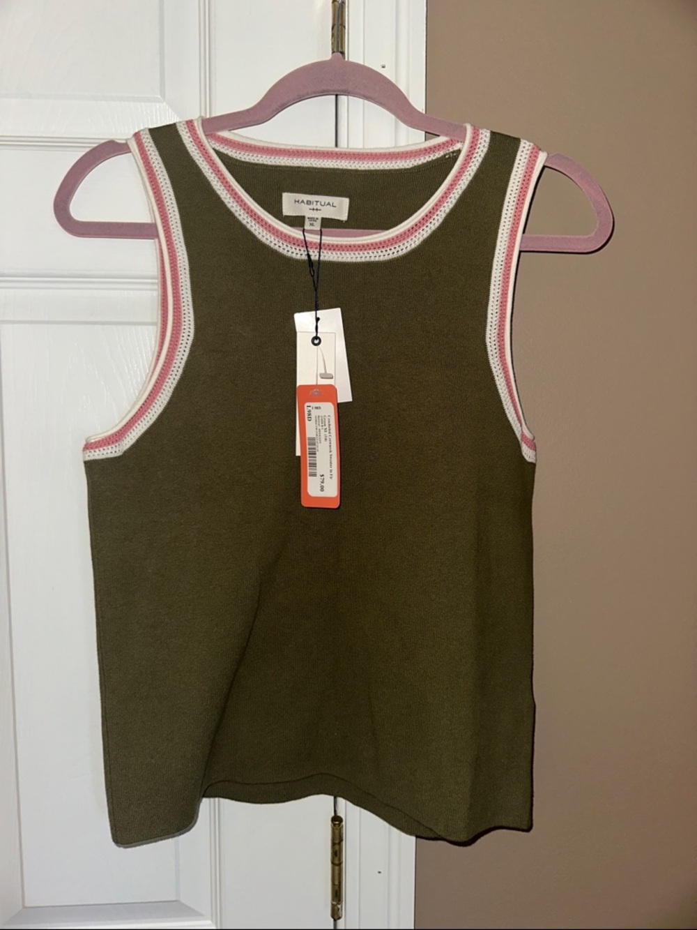 Habitual Olive Knit Tank with Pink Trim